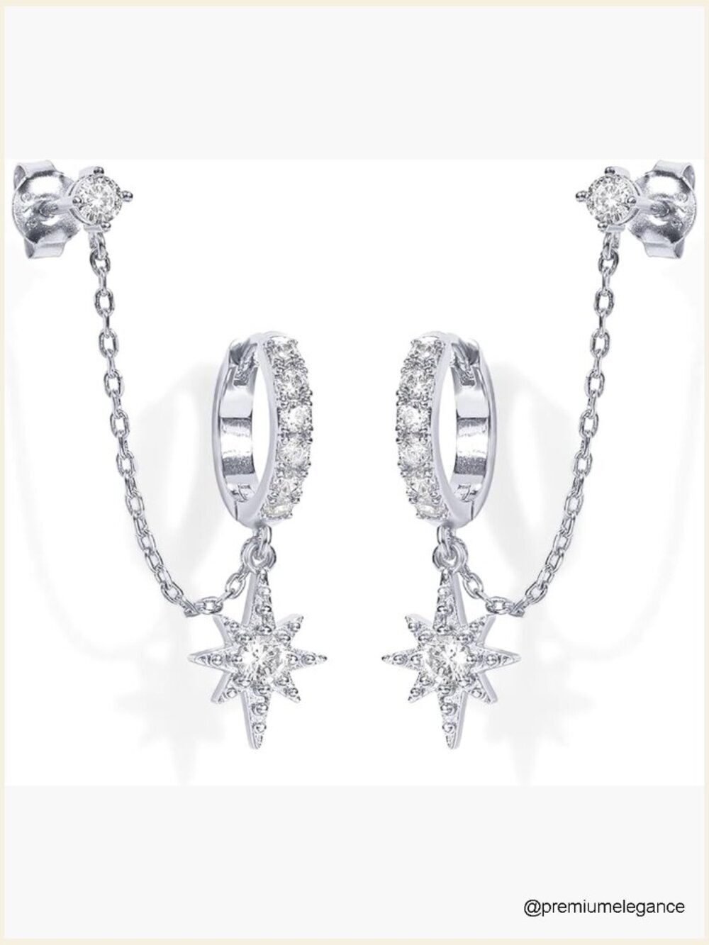 Double Piercing Dangle Chain Huggie Hoop Earrings CZ Pearl Stud